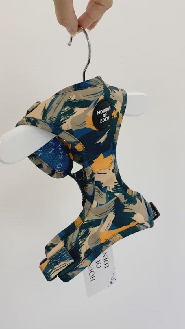 'Brush it Off' - Olive, Blue & Orange Camo Pattern Dog Harness