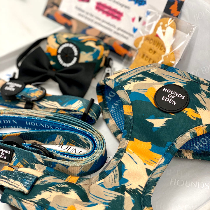 'Brush it Off' - Olive, Blue & Orange Camo Pattern Dog Harness