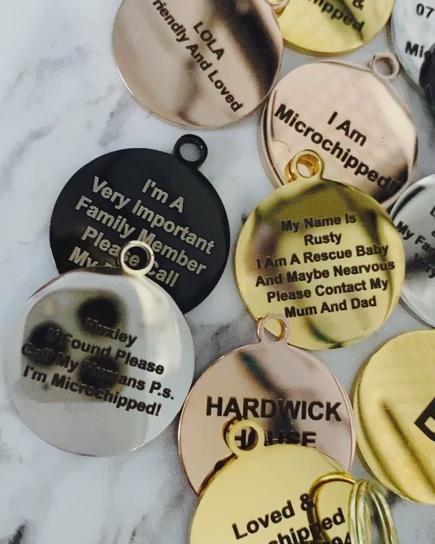 Personalised, round, metal Dog Collar Name Tag