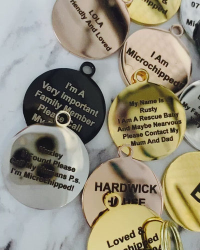 Personalised, round, metal Dog Collar Name Tag