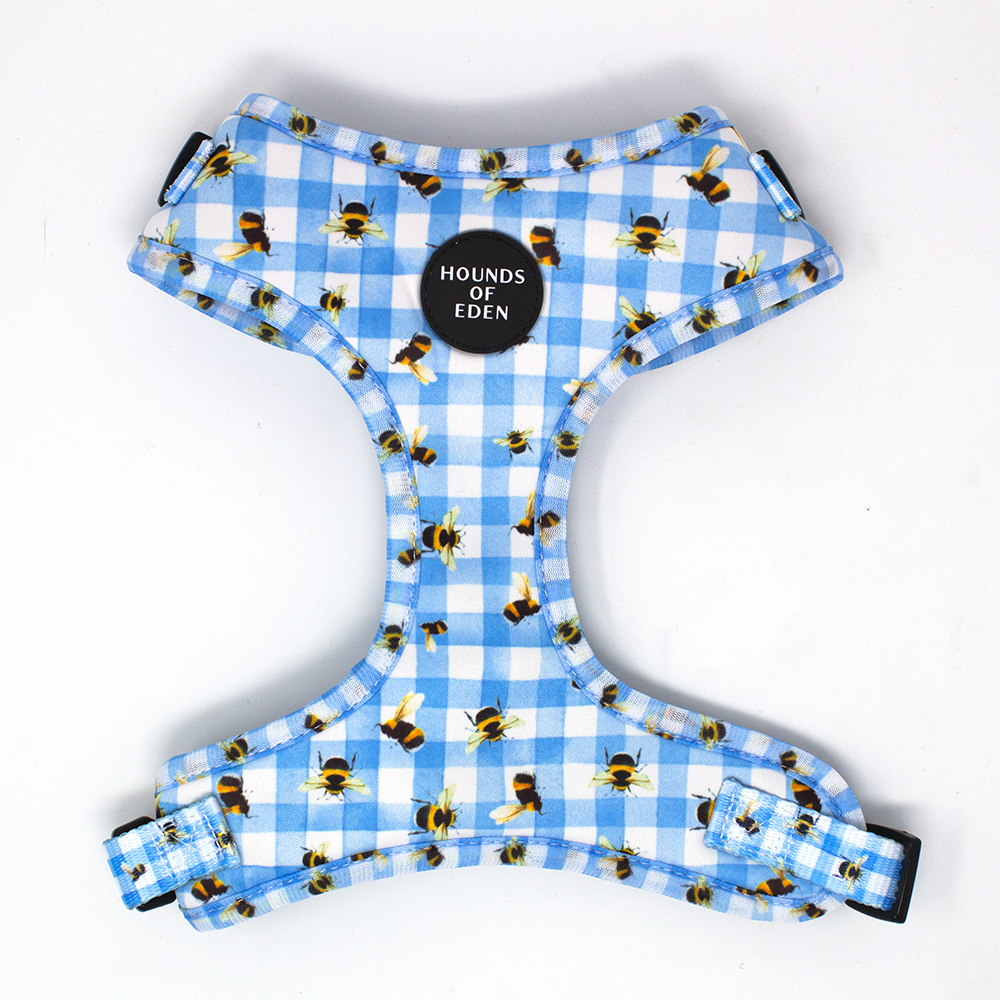 Bee You-tiful - Blue Gingham with Bees Dog Harness