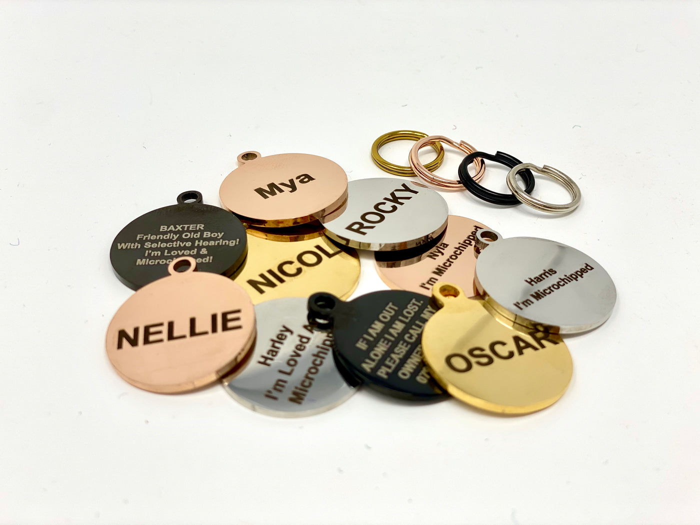 Personalised, round, metal Dog Collar Name Tag